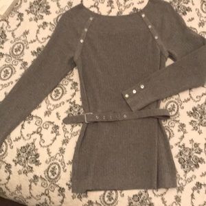 White House Black Market grey sweater w/belt.